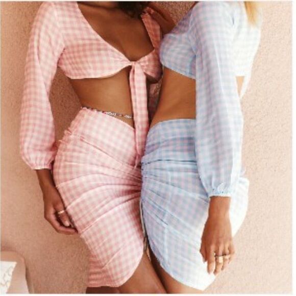 NWT VDM The Label Revolve Stassie Baby Blue Gingham Ruched Cover Up Skirt. Small - Picture 1 of 8